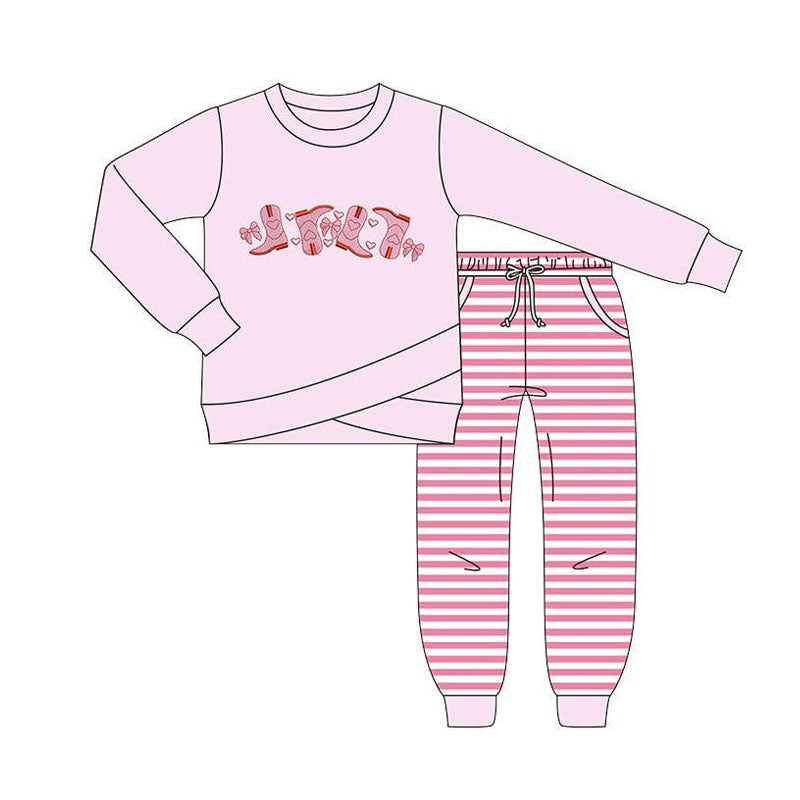 Baby Girls Hearts Boots Top Pockets Stripes Pants Valentine Clothes Sets Preorder
