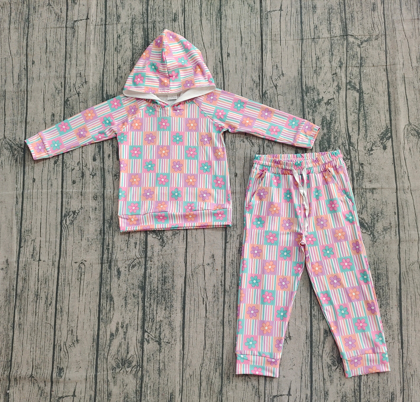 Baby Girls Flowers Checked Hoodies Pockets Legging Pants Clothes Sets