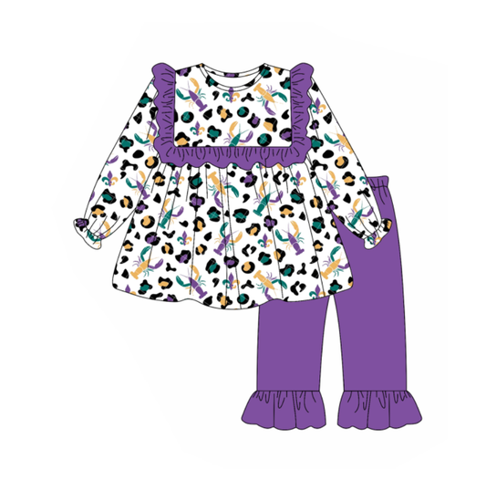 Baby Girls Mardi Gras Leopard Crayfishes Tunic Ruffle Pants Clothes Sets Preorder