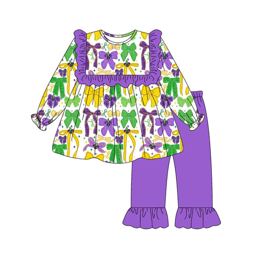 Baby Girls Green Yellow Purple Bows Tunic Ruffle Pants Mardi Gras Clothes Sets Preorder