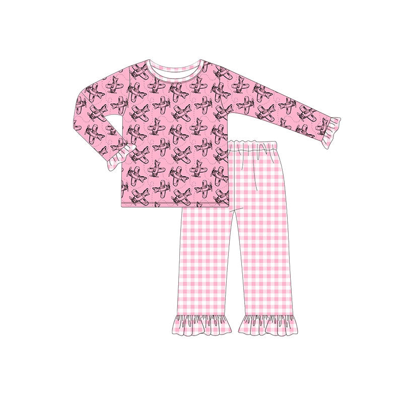 Baby Girls Log Sleeve Pink Planes Top Checked Pants Clothes Sets Preorder