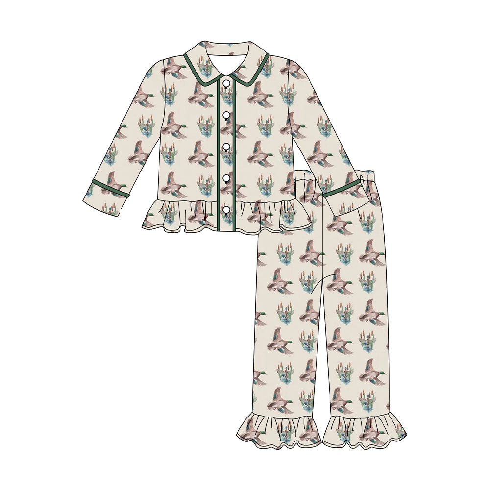 Baby Girls Log Sleeve Ducks Button Top Ruffle Pants Hunting Pajamas Sets Preorder