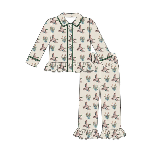 Baby Girls Log Sleeve Ducks Button Top Ruffle Pants Hunting Pajamas Sets Preorder