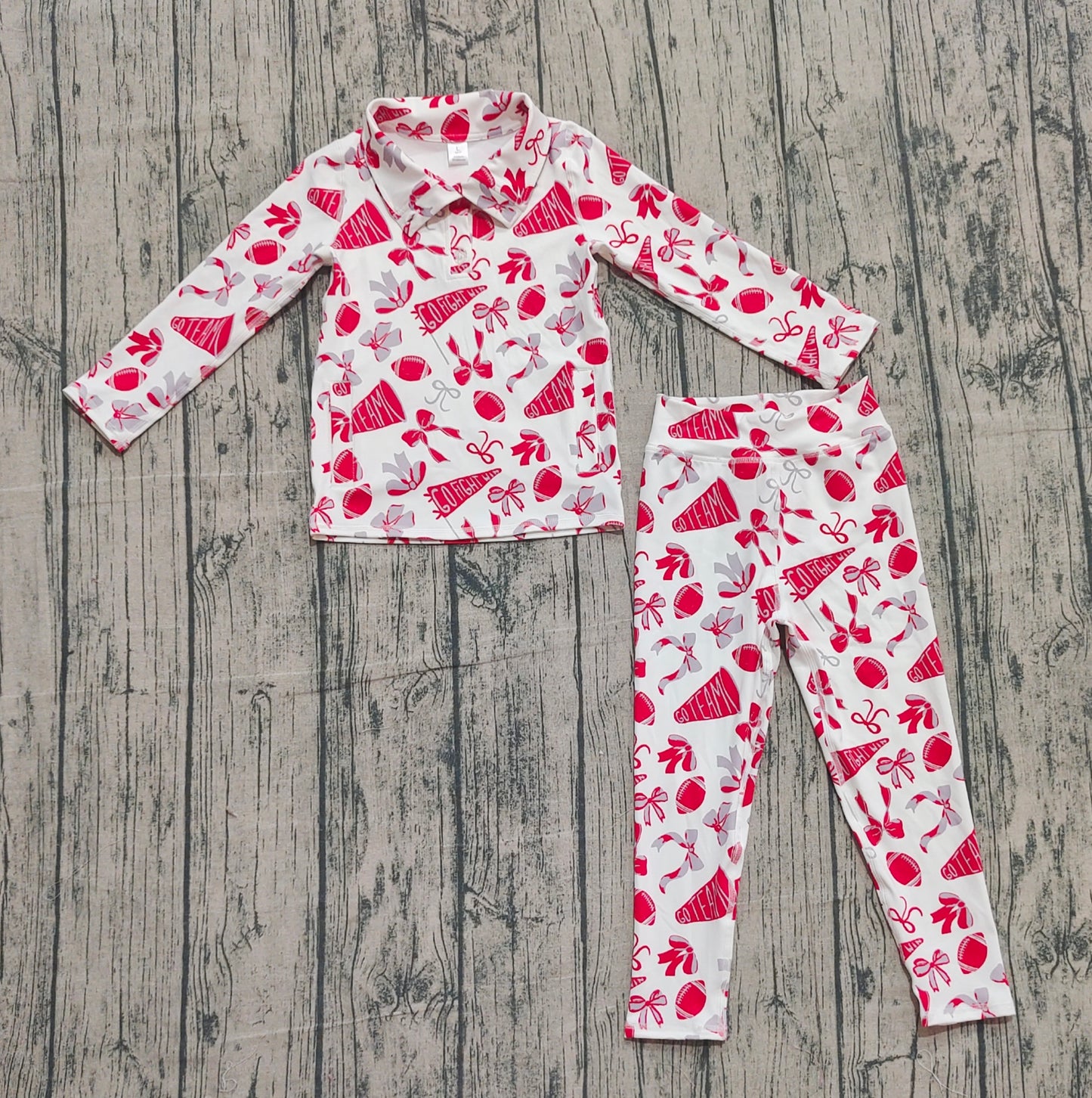 Baby Girls Red Bows Footballs Go Teams Pullovers Leggings Yoga Active Clothes Set