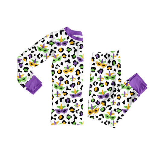 Baby Girls Purple Green Yellow Leopard Masks Top Mardigras Pajamas Sets Preorder