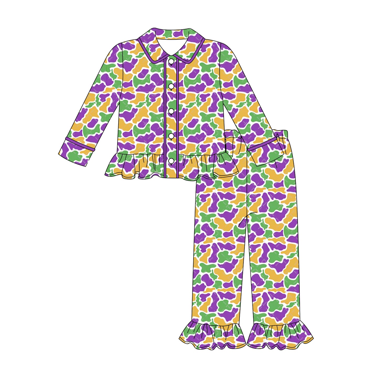 Baby Girls Green Yellow Purple Camo Button Top Pants Mardigras Pajamas Sets Preorder