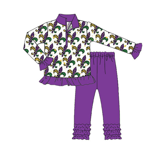 Baby Girls Mardigras Anchors Zipper Pullovers Ruffle Leggings Clothes Sets Preorder