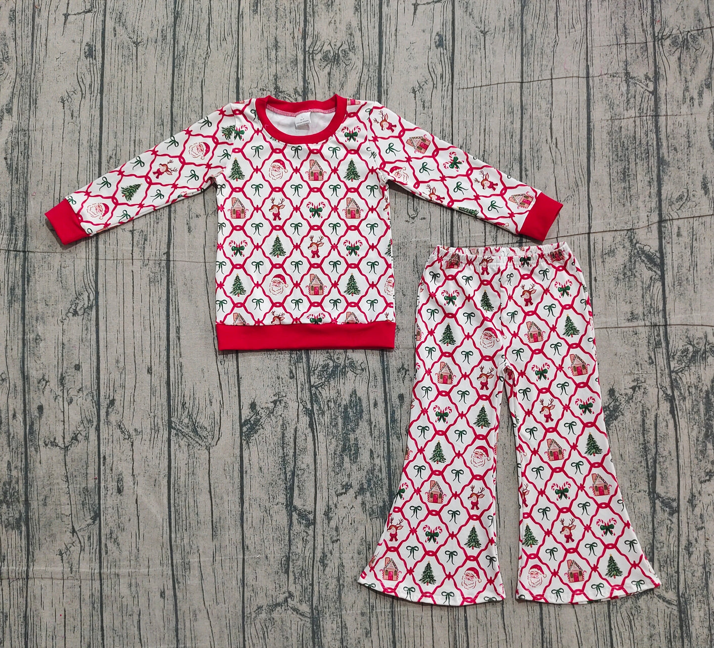 Baby Girls Red Bows Santa Checked Top Flare Pants Christmas Clothes Sets