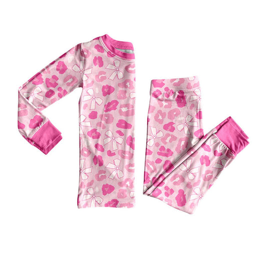 Baby Girls Pink Bows Leopard Top Pant Pajamas Sets Preorder