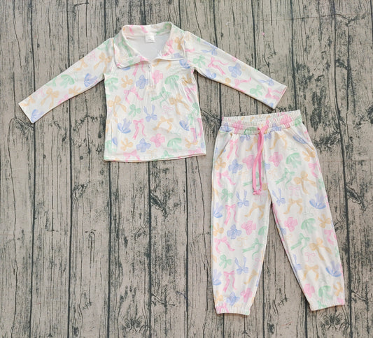 Baby Girls Colorful Bows Pockets Zipper Pullover Jogger Pants Clothes Sets