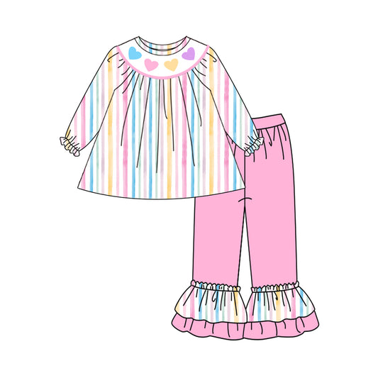 Baby Girls Colorful Stripes Hearts Tunic Ruffle Pants Valentine Clothes Sets Preorder