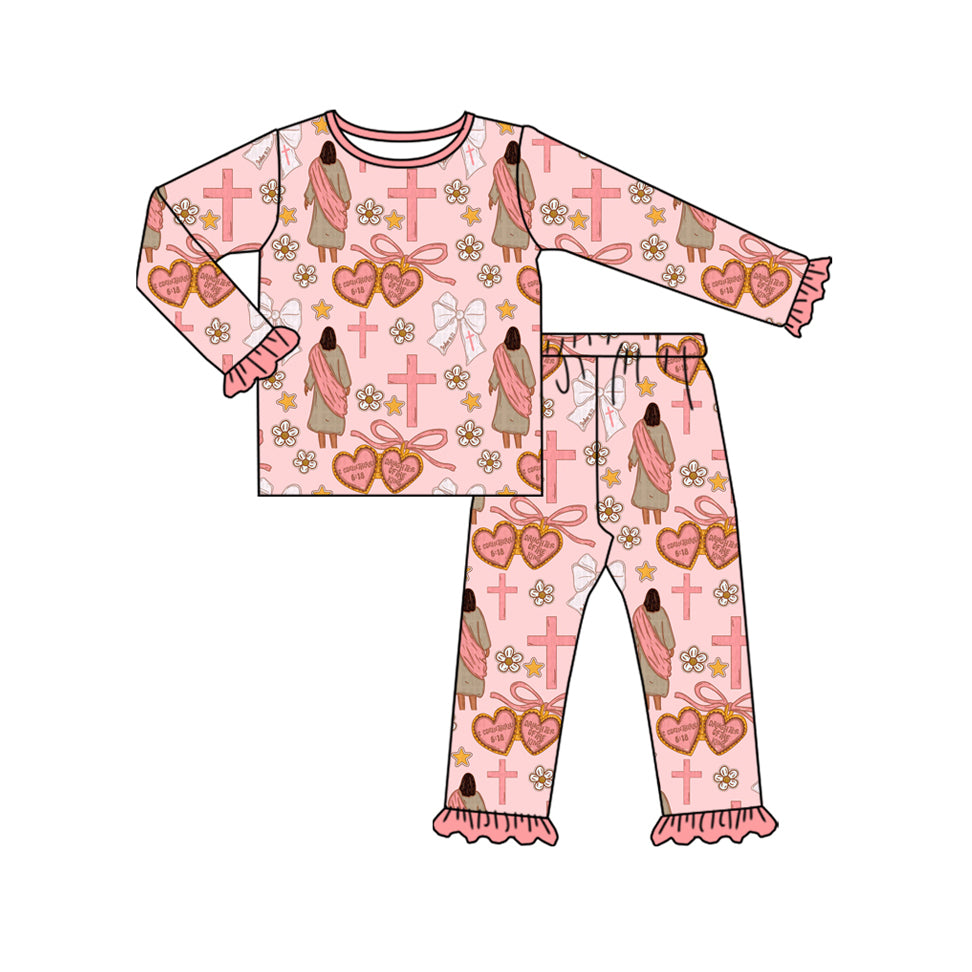 Baby Girls Pink Nativity Crosses Top Ruffle Pants Christmas Pajamas Sets Preorder