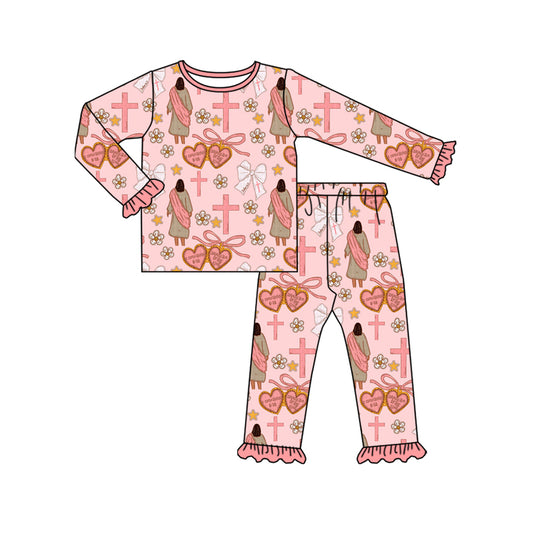 Baby Girls Pink Nativity Crosses Top Ruffle Pants Christmas Pajamas Sets Preorder