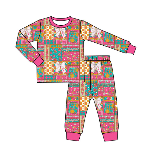 Baby Girls Pink Bows Flowers Checked Top Ruffle Pants Pajamas Sets Preorder