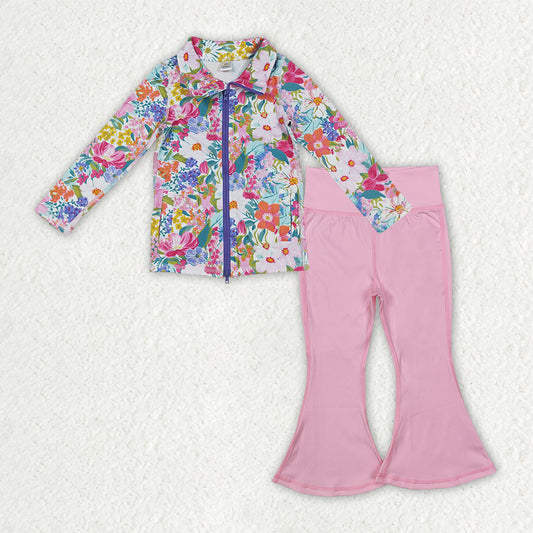 Baby Girls Floral Pockets Zipper Jackets Bell Bottom Pants Yoga Active Clothes Sets