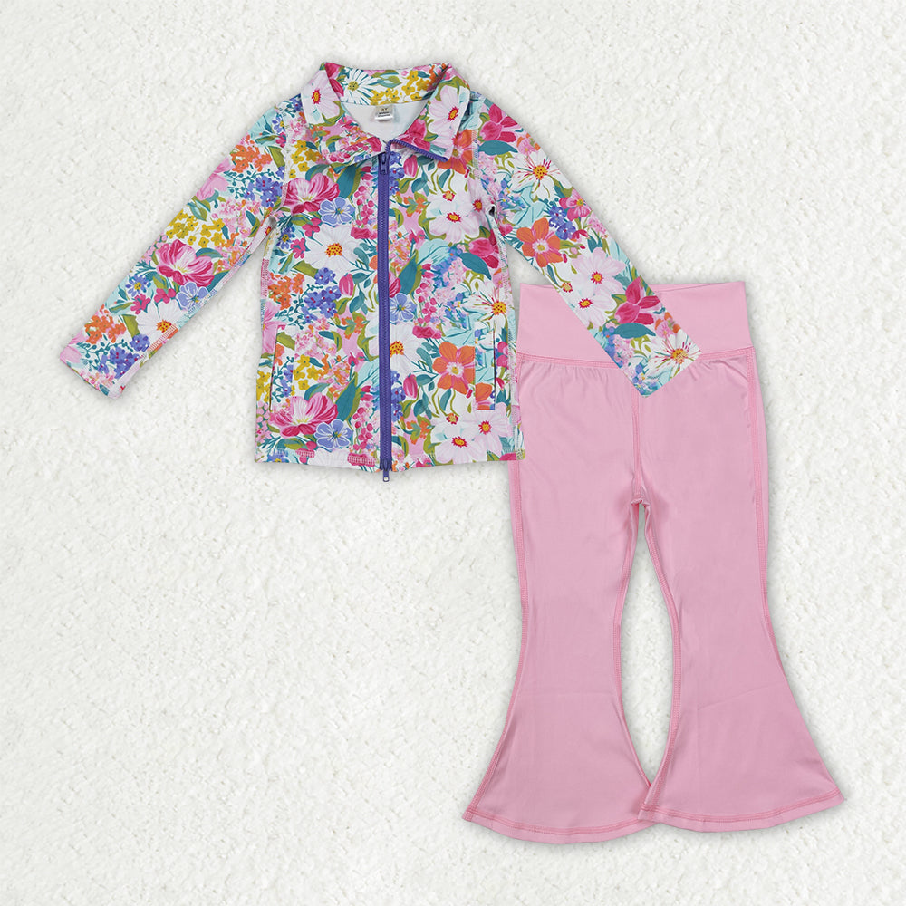 Sibling Baby Girls Long Sleeve Zipper Pockets Jackets Bell Bottom Pants Yoga Active Clothes Sets