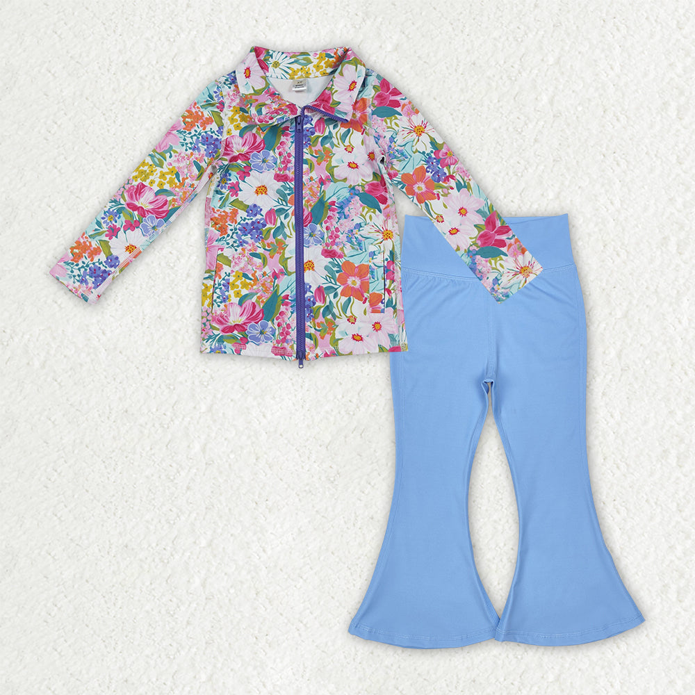 Sibling Baby Girls Long Sleeve Zipper Pockets Jackets Bell Bottom Pants Yoga Active Clothes Sets