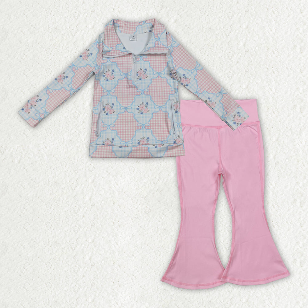 Sibling Baby Girls Long Sleeve Zipper Pockets Jackets Bell Bottom Pants Yoga Active Clothes Sets
