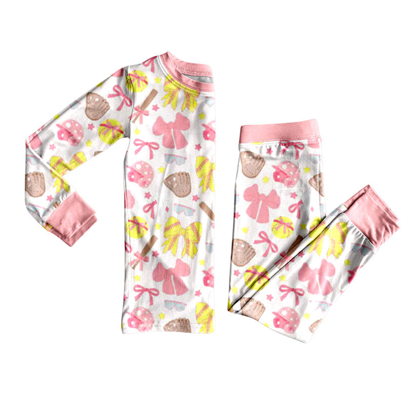 Baby Girls Pink Yellow Bows Baseballs Top Pants Team Pajamas Sets Preorder