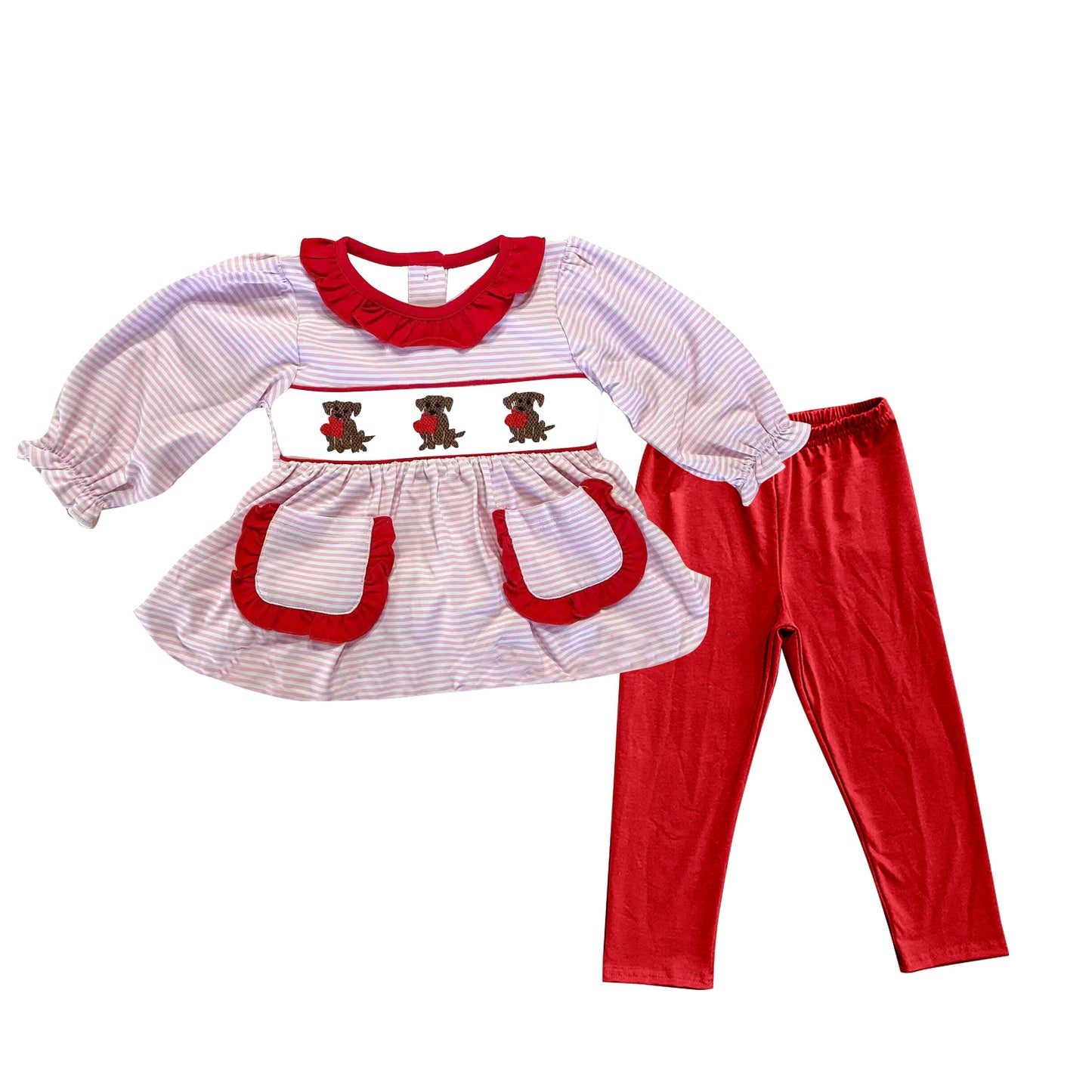 Baby Girls Heart Dogs Pockets Red Stripe Tunic Leggings Valentine Clothes Sets Preorder