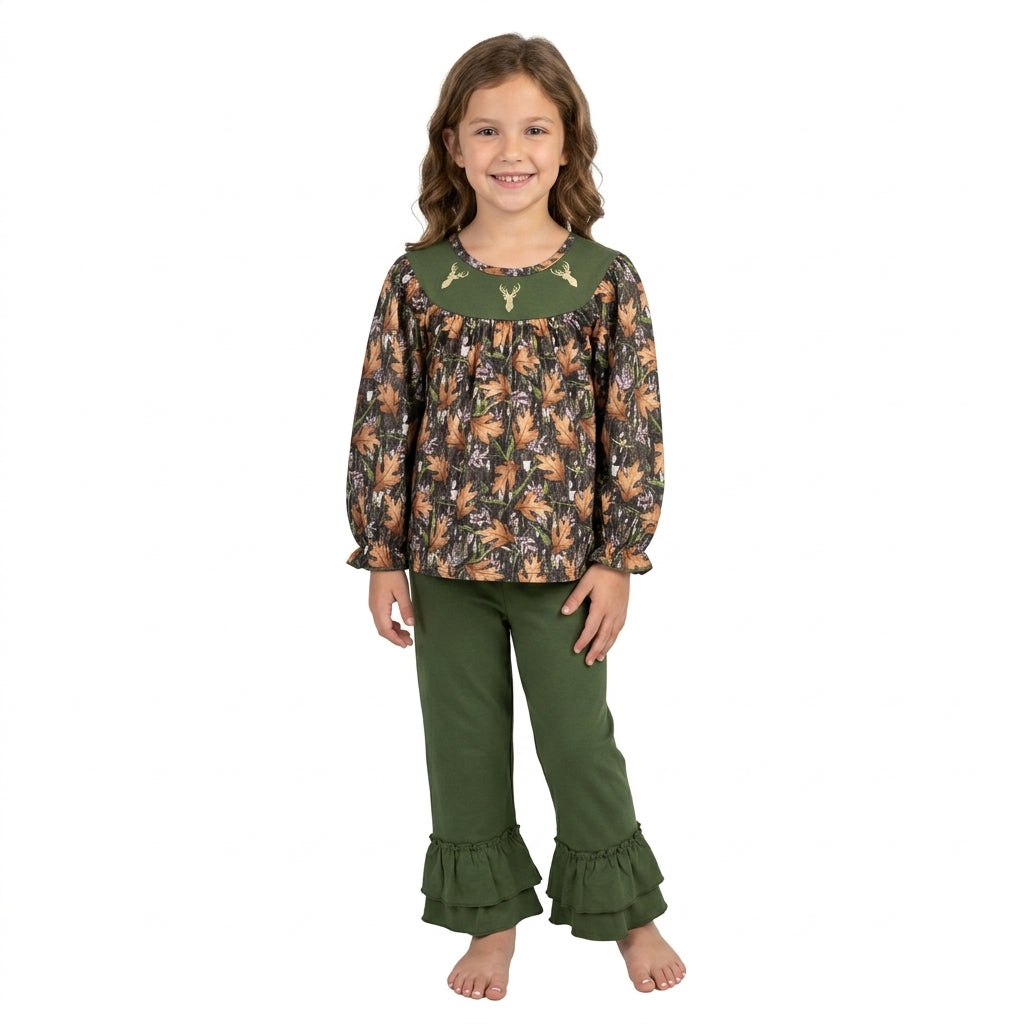 Embroidery Deer Baby Girls Green Leaves Camo Tunic Ruffle Pants Hunting Clothes Set