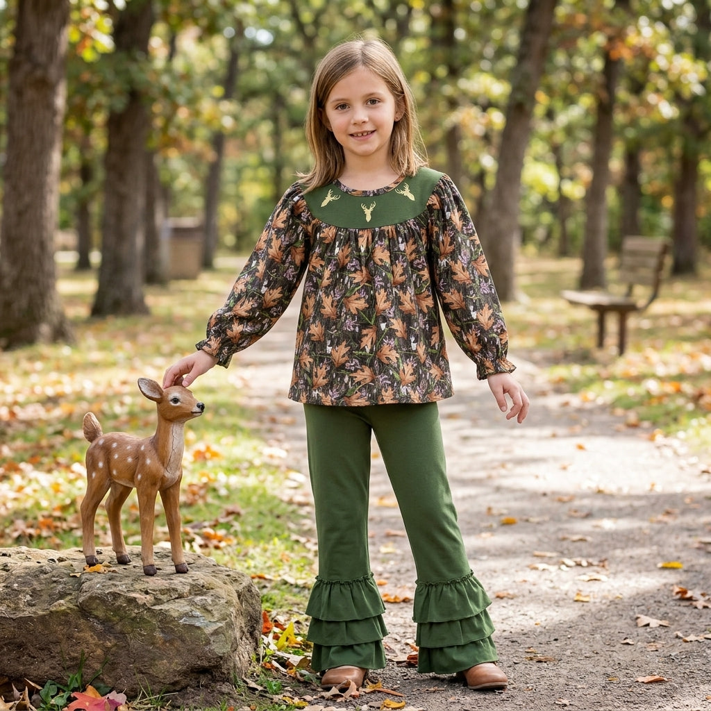 Embroidery Deer Baby Girls Green Leaves Camo Tunic Ruffle Pants Hunting Clothes Set