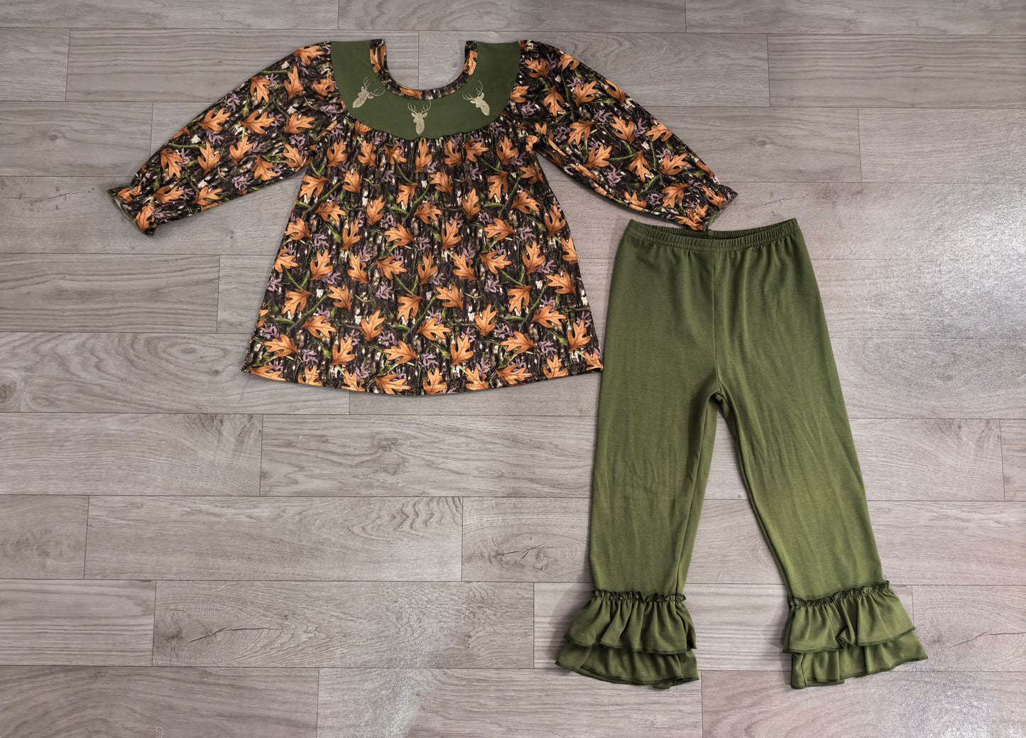 Embroidery Deer Baby Girls Green Leaves Camo Tunic Ruffle Pants Western Clothes Preorder