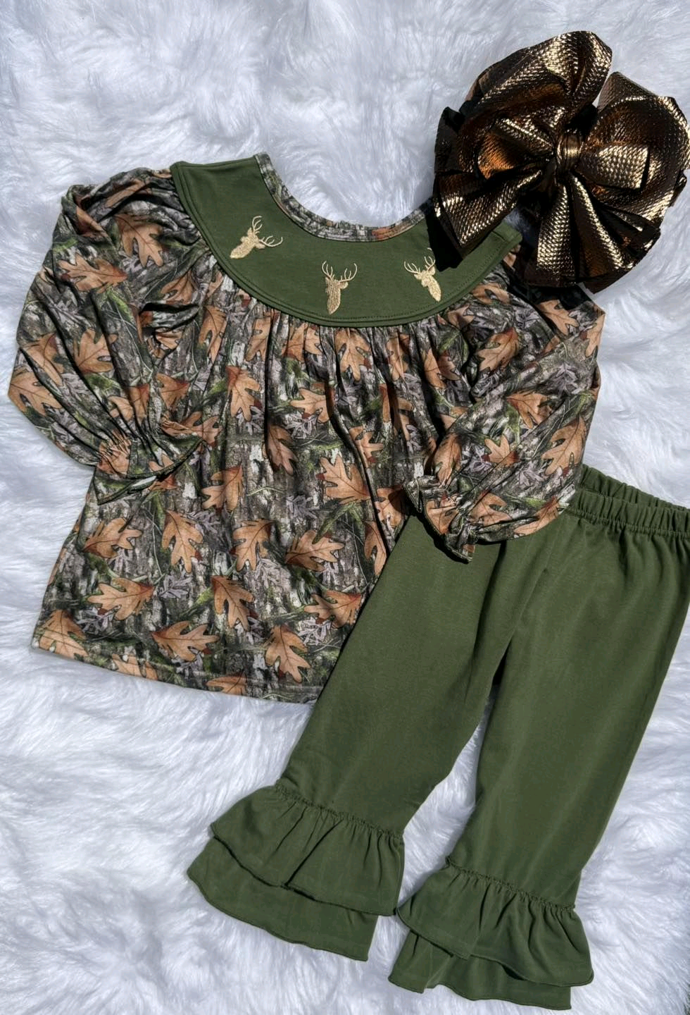 Baby Girls Green Leaves Camo Deer Tunic Ruffle Pants Western Clothes Preorder
