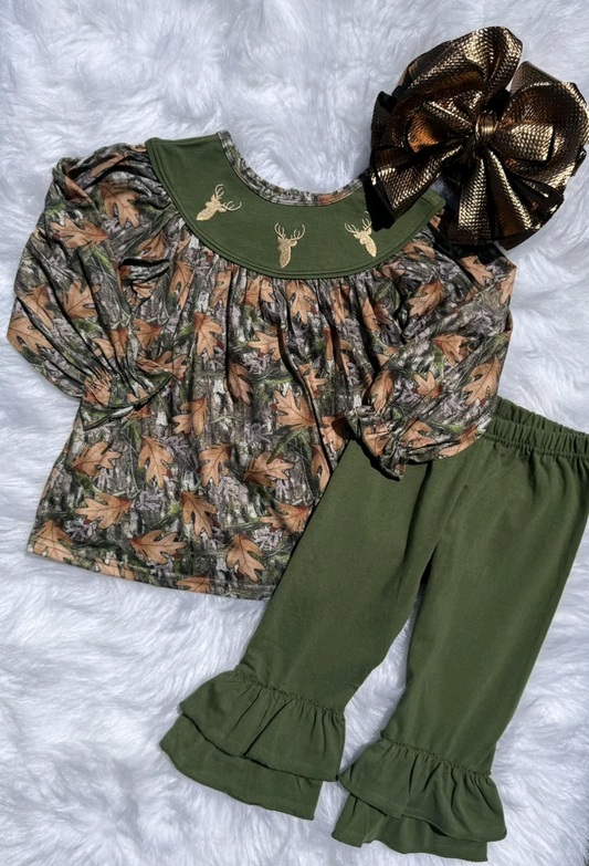 Baby Girls Green Leaves Camo Deer Tunic Ruffle Pants Western Clothes Preorder