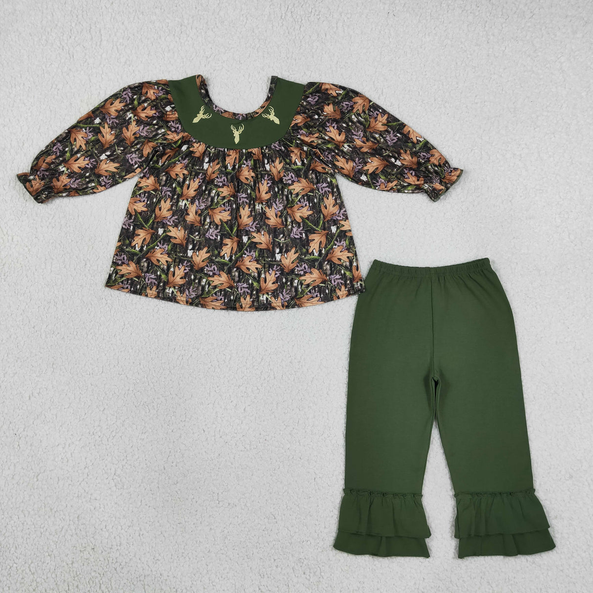 Embroidery Deer Baby Girls Green Leaves Camo Tunic Ruffle Pants Hunting Clothes Set