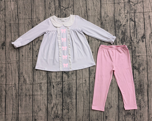 Embroidery Bows Baby Girls Stripe Collar Tunic Leggings Clothes Sets Preorder