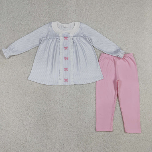 Embroidery Bows Baby Girls Stripe Collar Tunic Leggings Clothes Sets