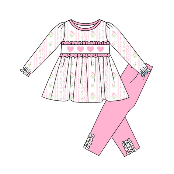 Baby Girls Hearts Flowers Stripe Tunic Leggings Valentine Clothes Sets Preorder