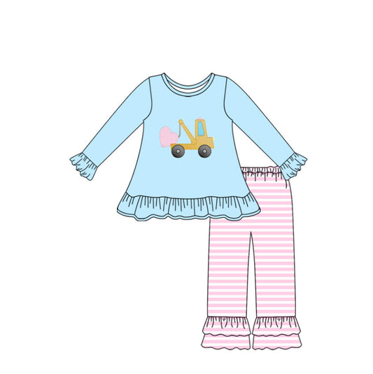 Baby Girls Hearts Excavator Tunic Stripe Ruffle Pants Valentine Clothes Sets Preorder