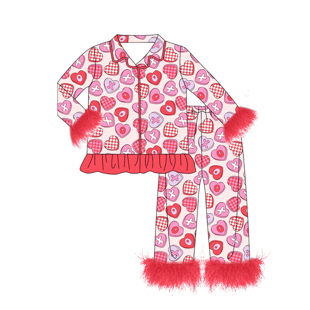 Baby Girls XOXO Hearts Button Top Pants Valentine Fur Pajamas Sets Preorder