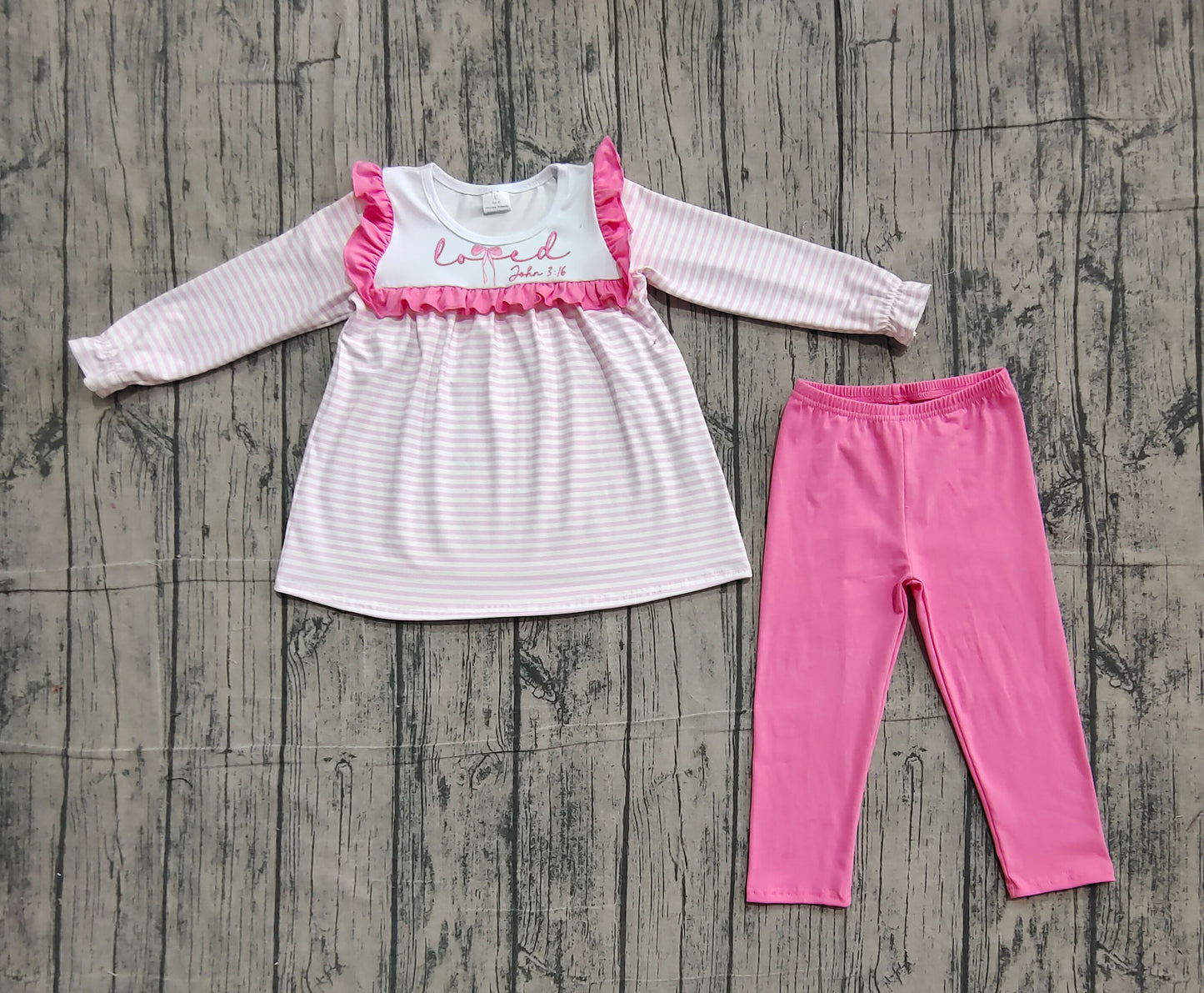 Embroidery Love John 3:16 Baby Girls Pink Stripe Tunic Leggings Valentine Clothes Sets Preorder