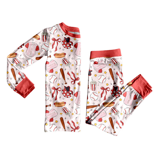 Baby Girls Bows Baseballs Top Pants Team Pajamas Sets Preorder