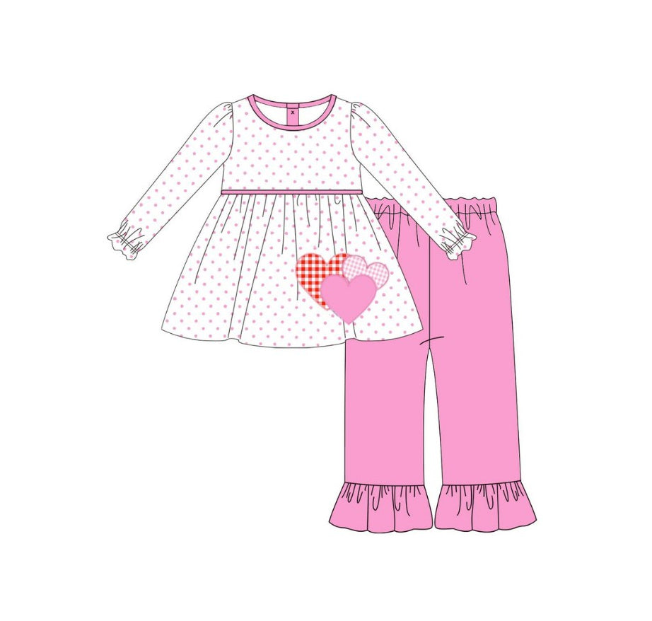 Baby Girls Polka Dots Hearts Tunic Ruffle Pants Valentine Clothes Sets Preorder