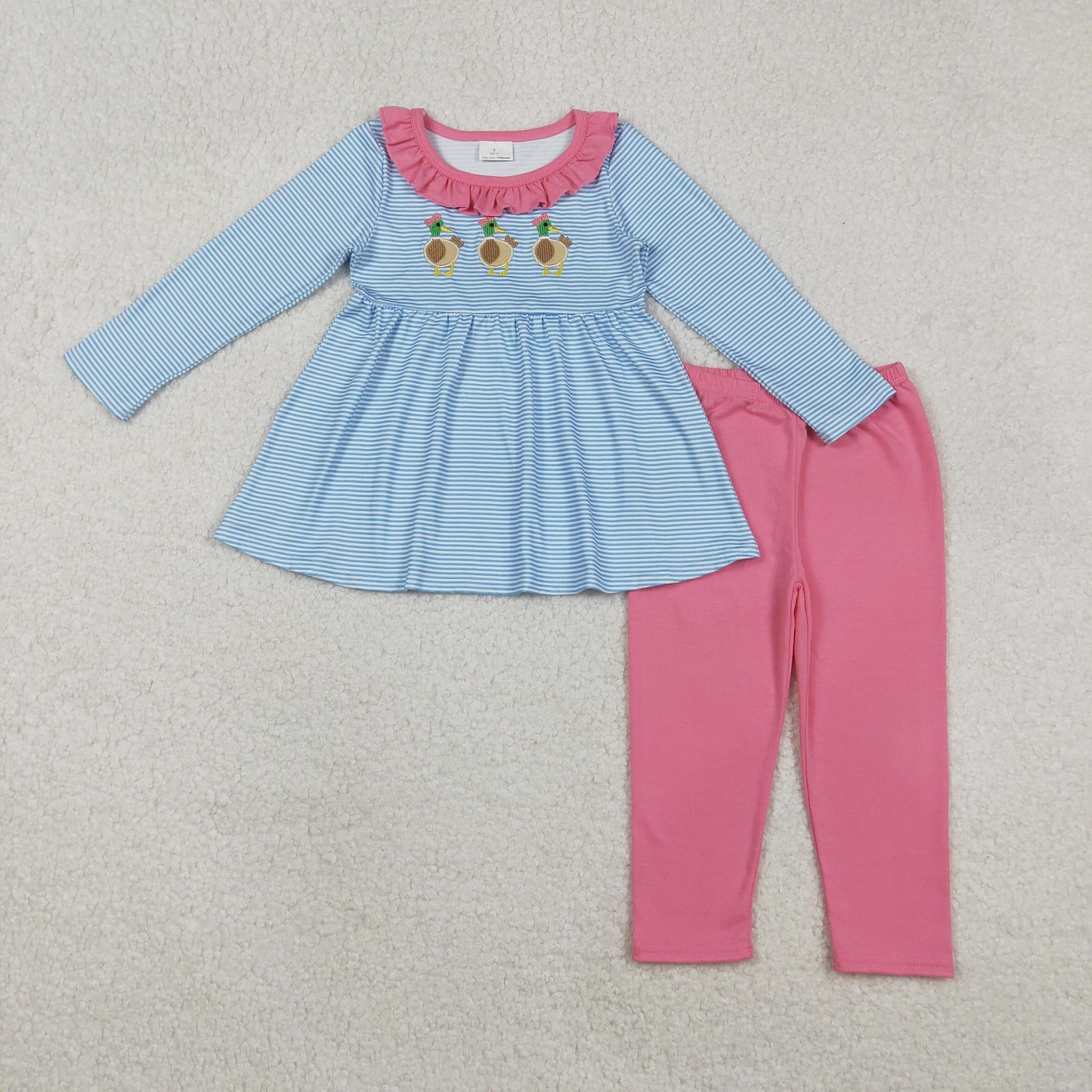Sibling Baby Girls Embroidery Bow Ducks Blue Stripe Tunic Leggings Valentines Sets Dresses