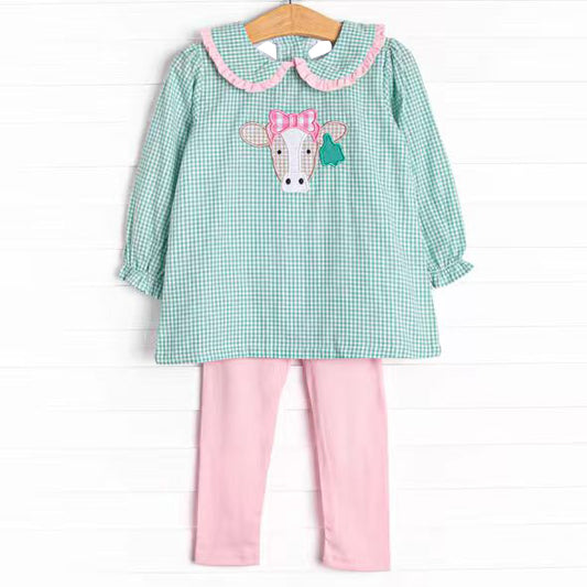 Baby Girls Green Checked Cows Tunic Leggings Farm Clothes Sets Preorder