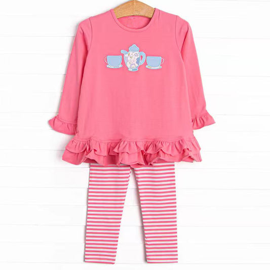 Baby Girls Pink Tea Cups Tunic Stripe Leggings Clothes Sets Preorder