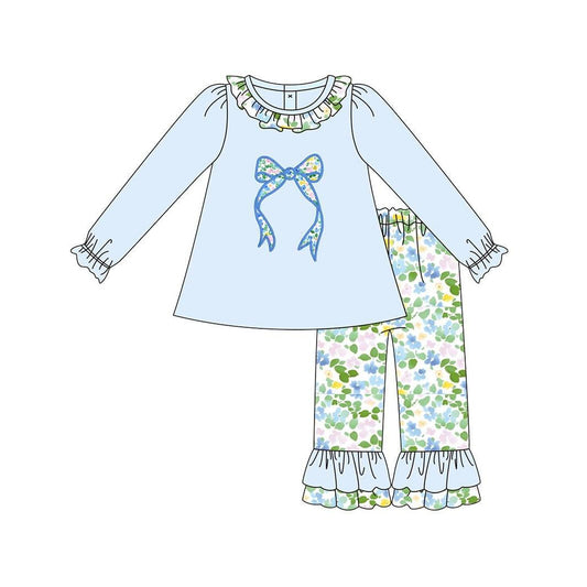 Baby Girls Blue Flowers Bows Tunic Ruffle Pants Clothes Sets Preorder