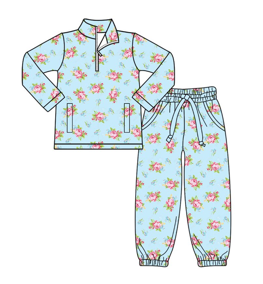 Baby Girls Pink Flowers Pockets Zipper Pullovers Jogger Pants Yoga Clothes Set Preorder
