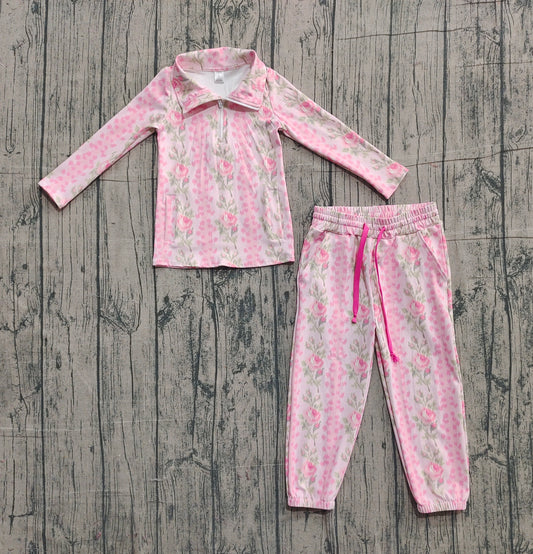 Baby Girls Pink Flowers Stripe Pockets Zipper Pullovers Jogger Pants Yoga Clothes Set Preorder