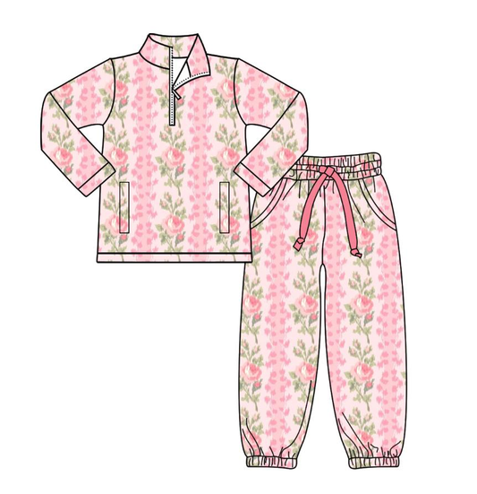 Baby Girls Pink Flowers Stripe Pockets Zipper Pullovers Jogger Pants Yoga Clothes Set Preorder