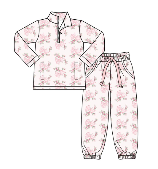 Baby Girls Pink Bows Flowers Pockets Zipper Pullovers Jogger Pants Yoga Clothes Set Preorder