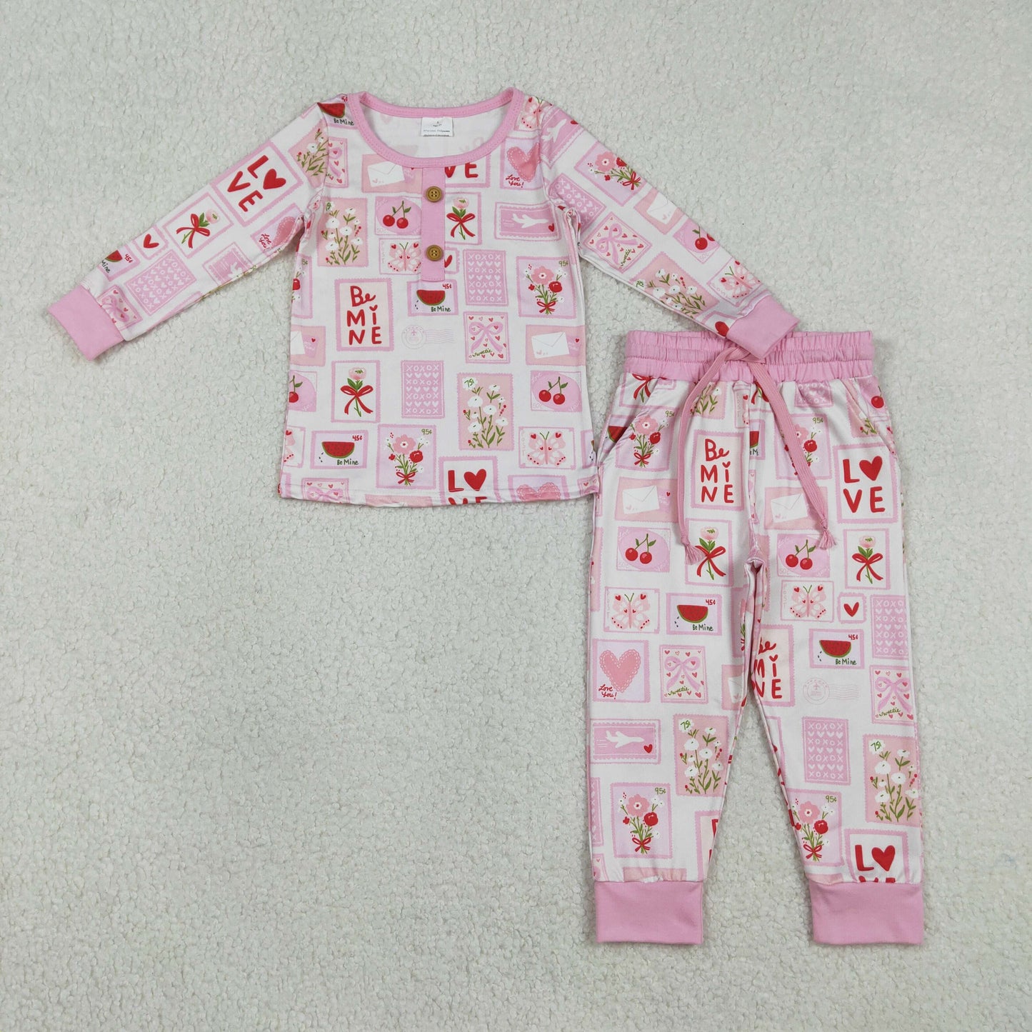 Baby Girls Flower Hearts Love Button Top Pockets Pant Valentines Clothes Set