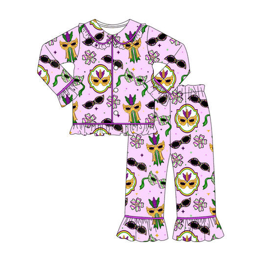 Baby Girls Flowers Anchors Masks Button Top Ruffle Pants Maedigras Pajamas Sets Preorder