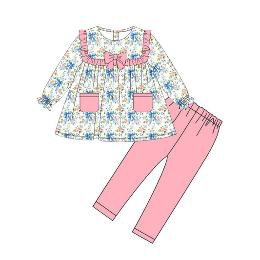 Baby Girls Bows Floral Pockets Pockets Tunic Legging Pants Clothes Sets Preorder