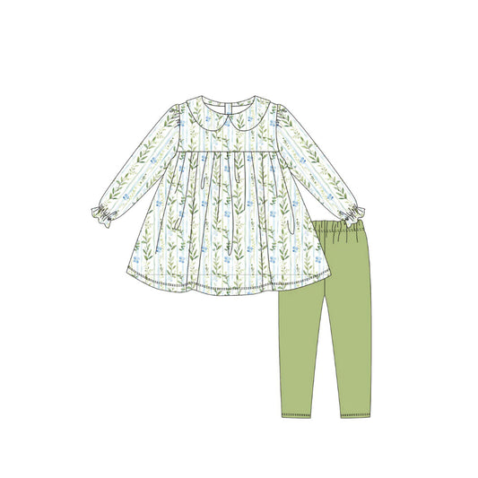 Baby Girls Green Blue Flowers Stripe Tunic Legging Pants Clothes Sets Preorder